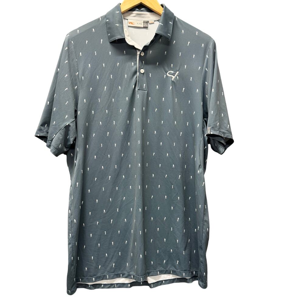 KJUS Golf Polo Shirt Mens Large Greenish Blue Golfer AOP UPF 50+‎ Comfort Fit
